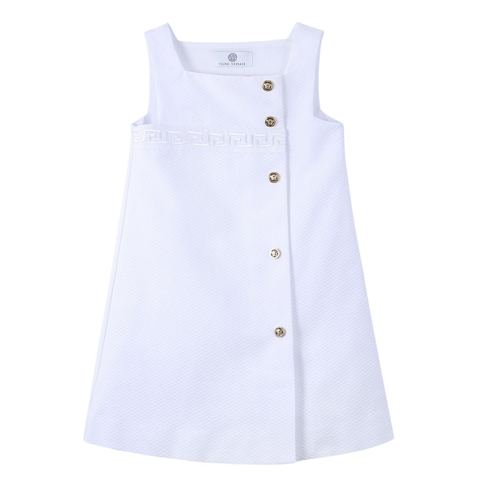 Girls White Cotton Sleeveless Dress With Greca Key Trims - CÉMAROSE | Children's Fashion Store - 1