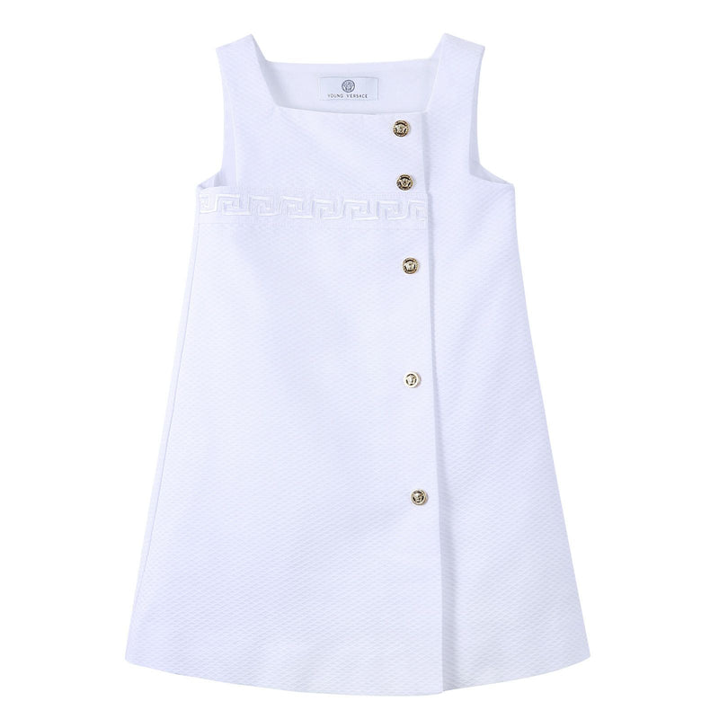 Girls White Cotton Sleeveless Dress With Greca Key Trims - CÉMAROSE | Children's Fashion Store - 1