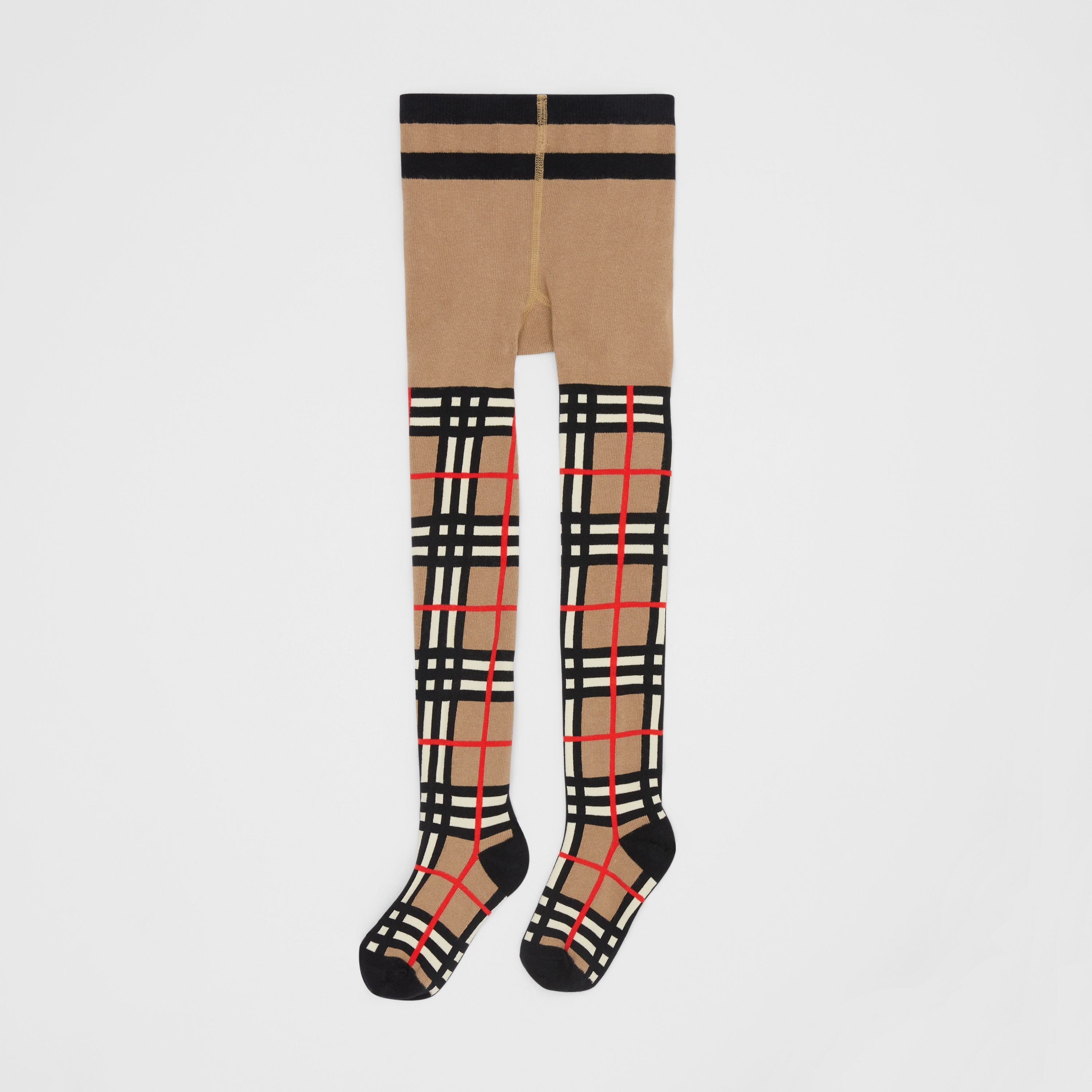 Girls Beige Check Cotton Tights