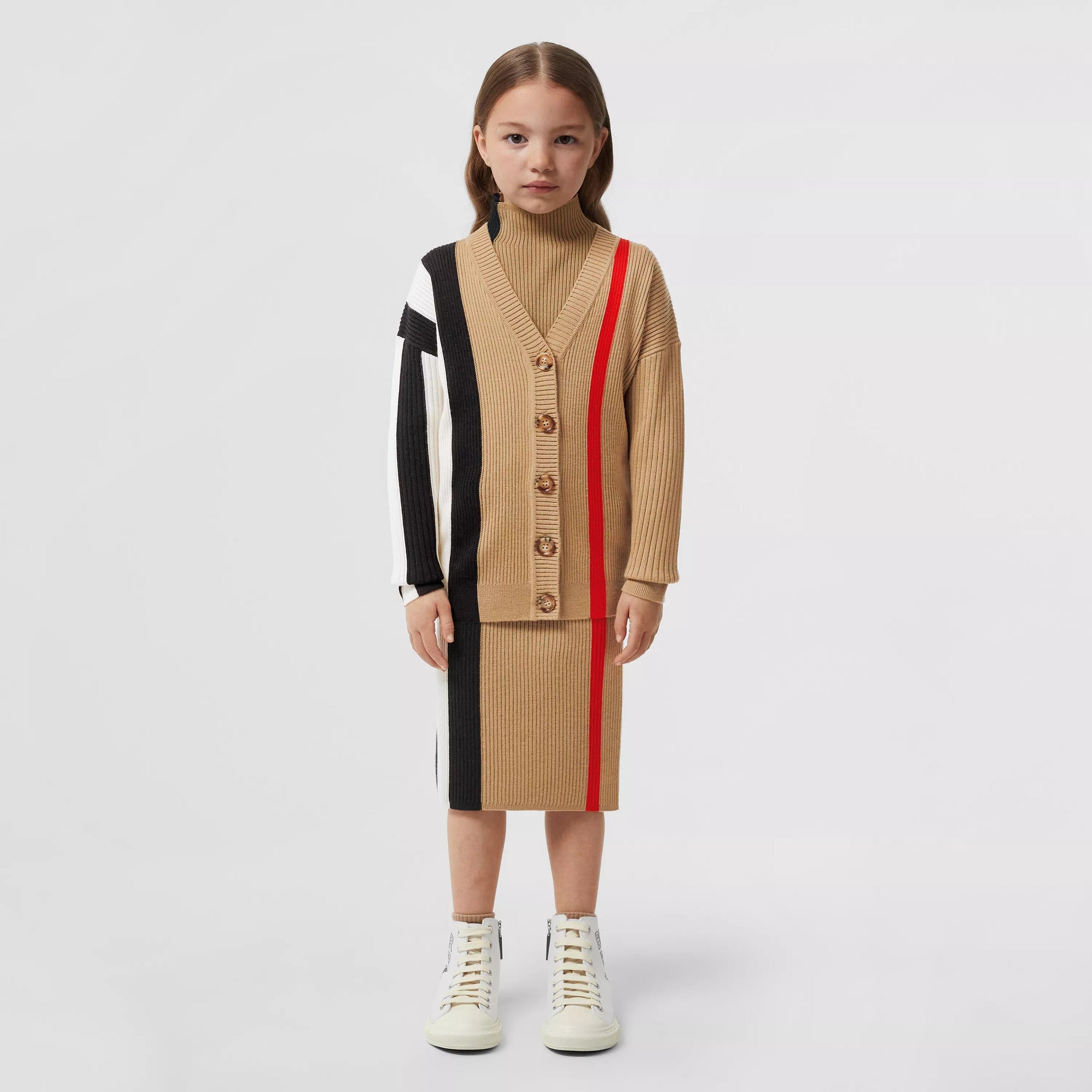 Girls Beige Stripes Wool Cardigan