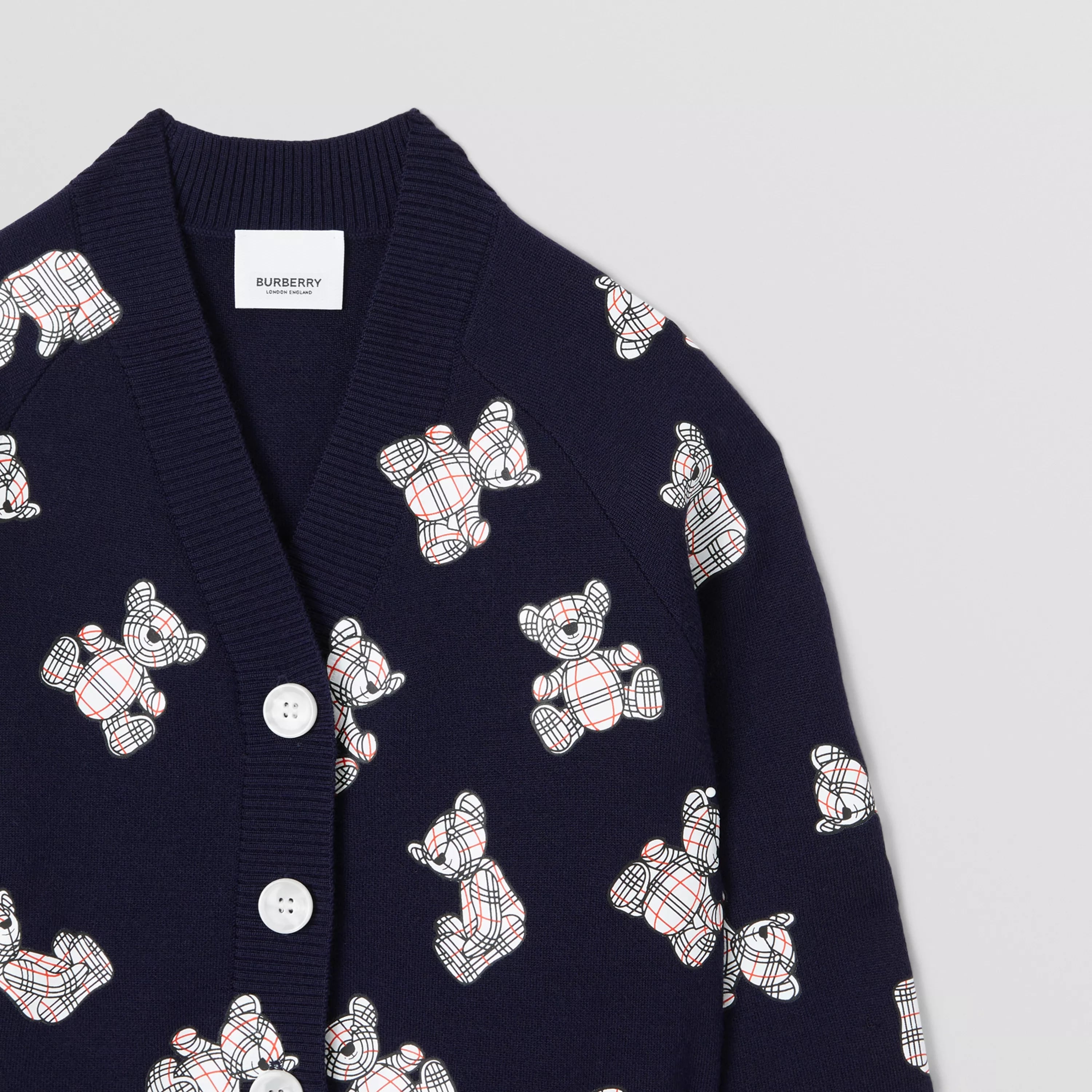 Girls Navy Bear Printed Wool Cardigan