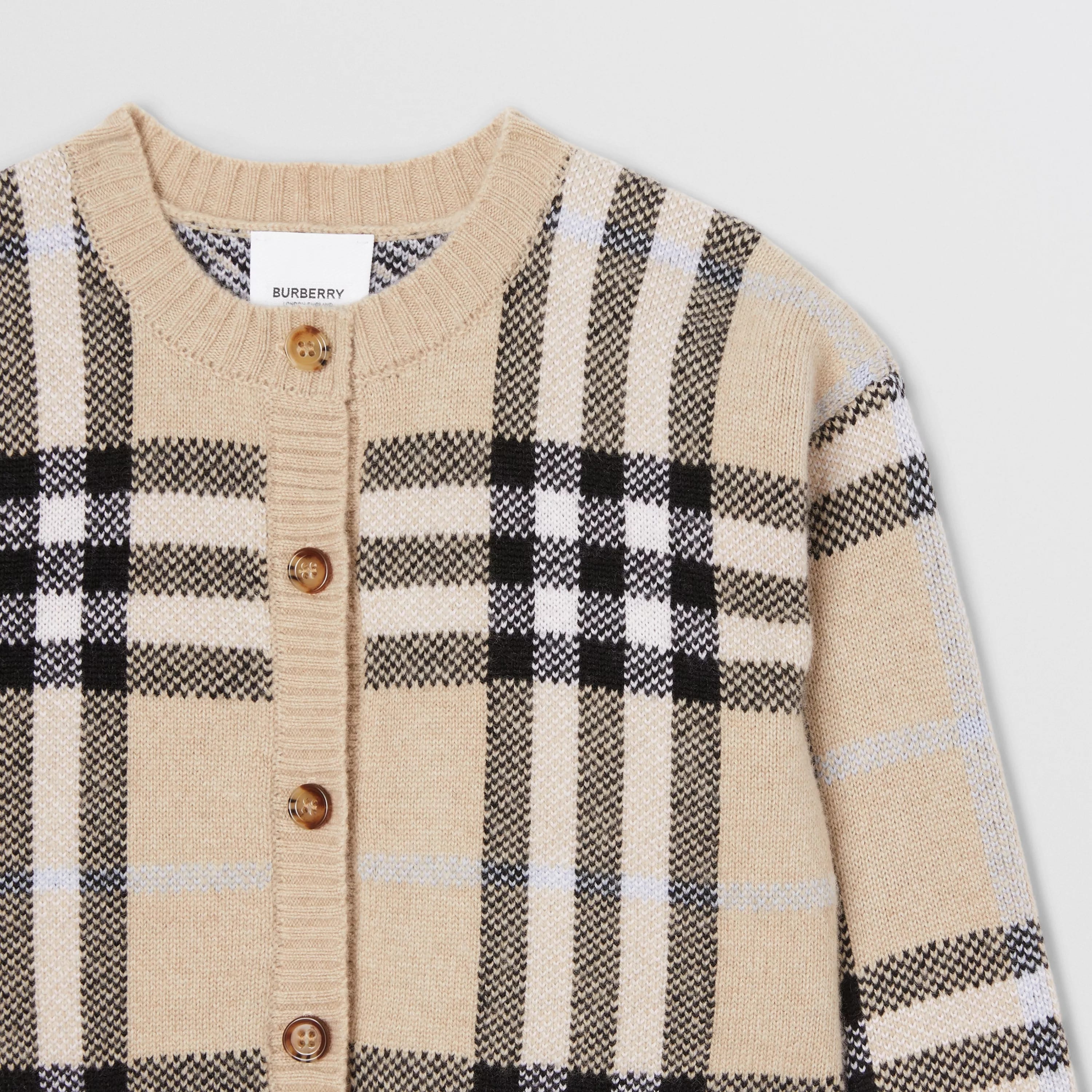 Girls Pale Sand Check Wool Cardigan