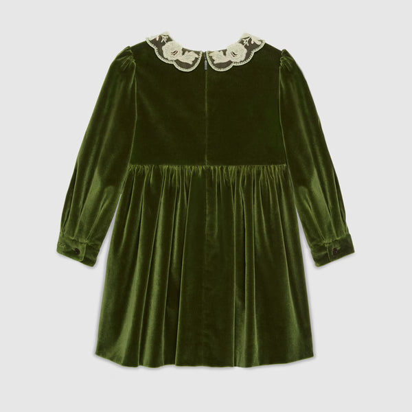 Girls Green Embroidered Collar Velvet Dress