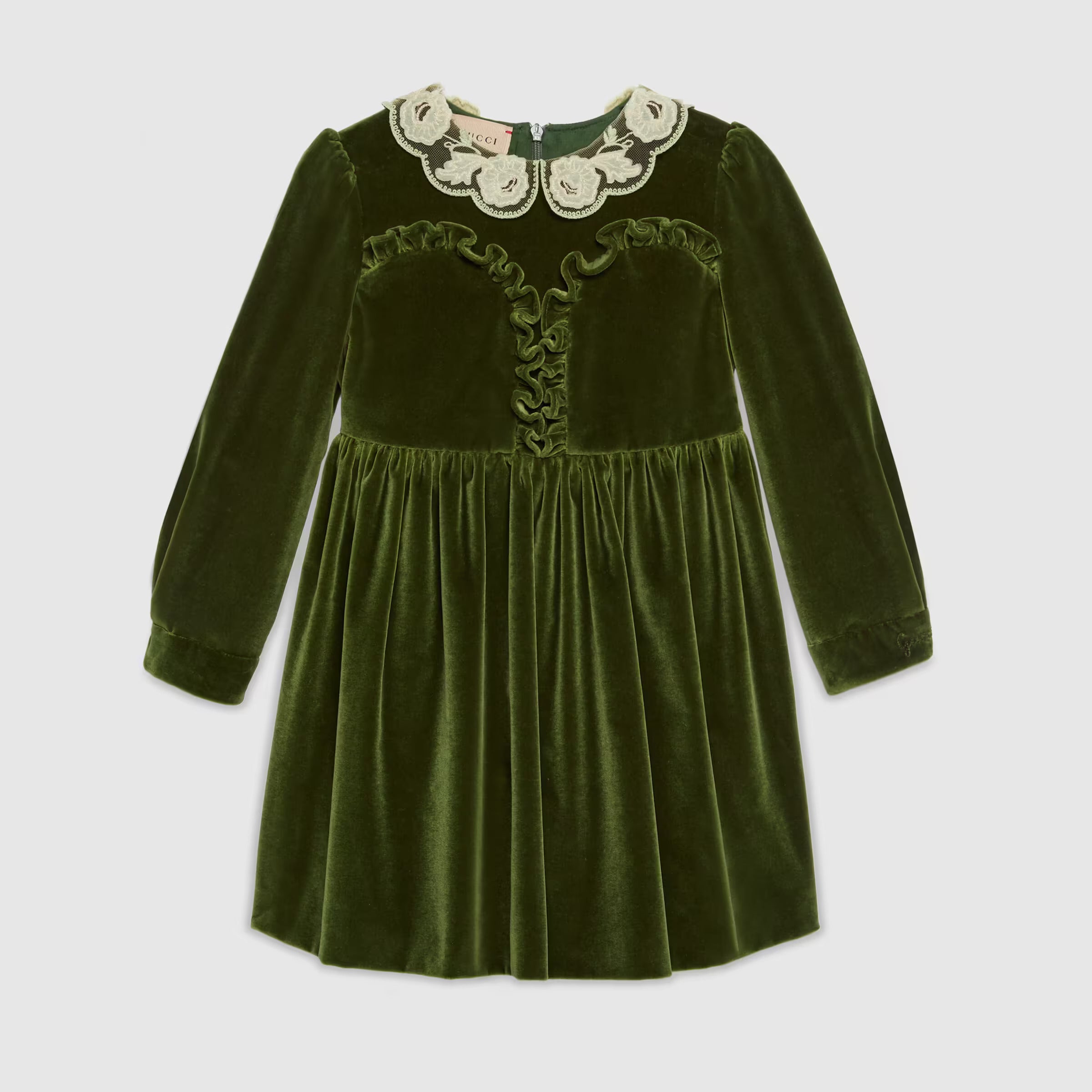Girls Green Embroidered Collar Velvet Dress