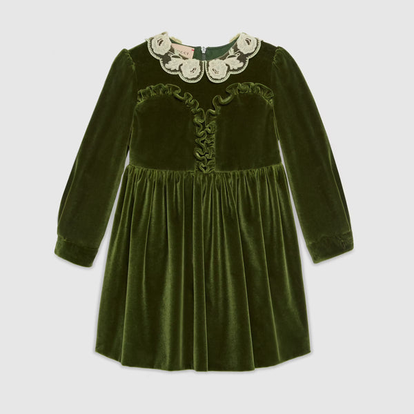 Girls Green Embroidered Collar Velvet Dress