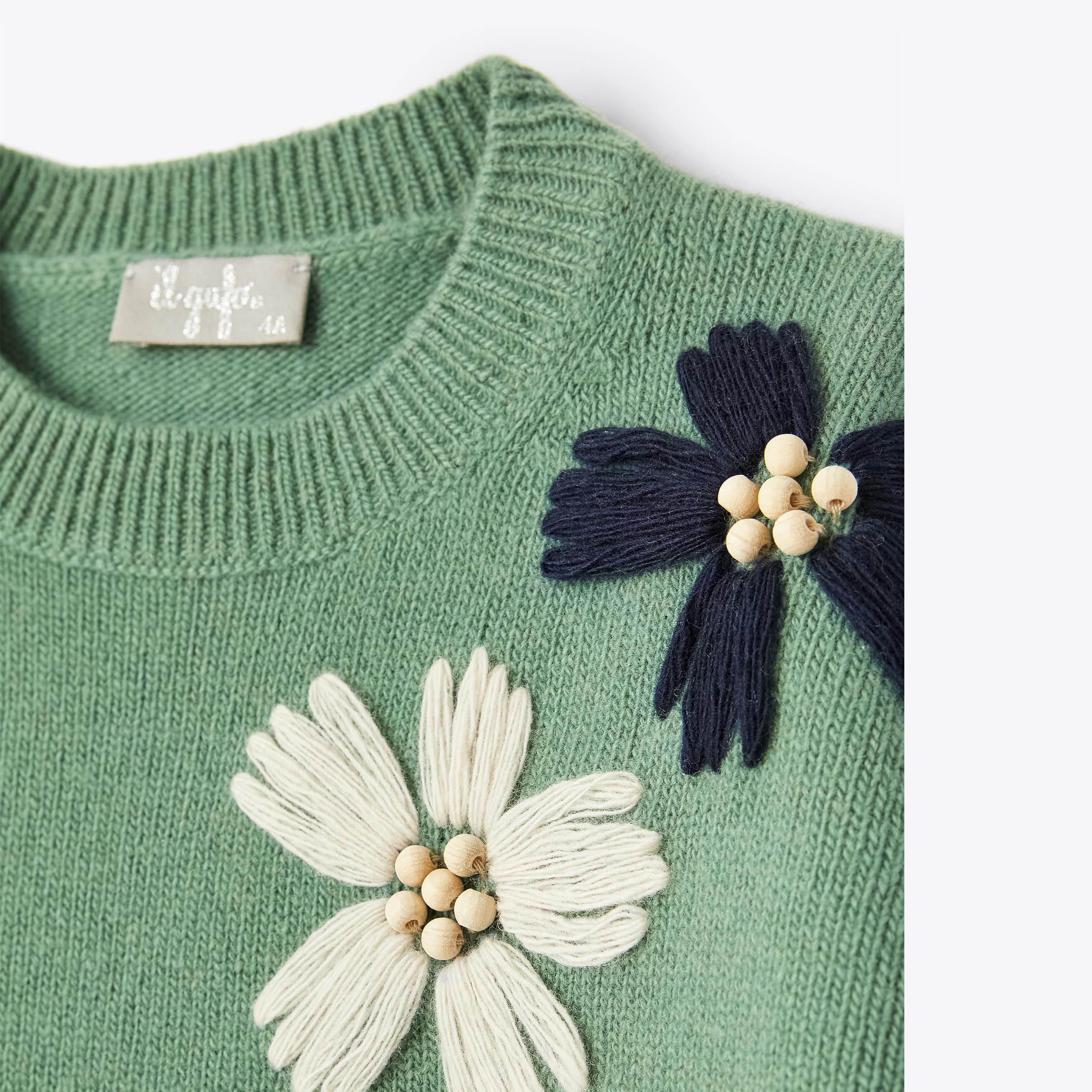 Girls Green Embroidered Flower Wool Sweater