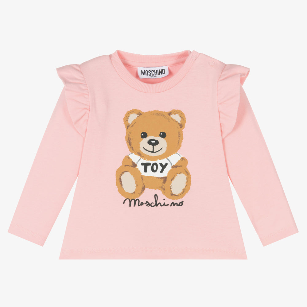 Baby Girls Pink Bear Printed Cotton T-Shirt