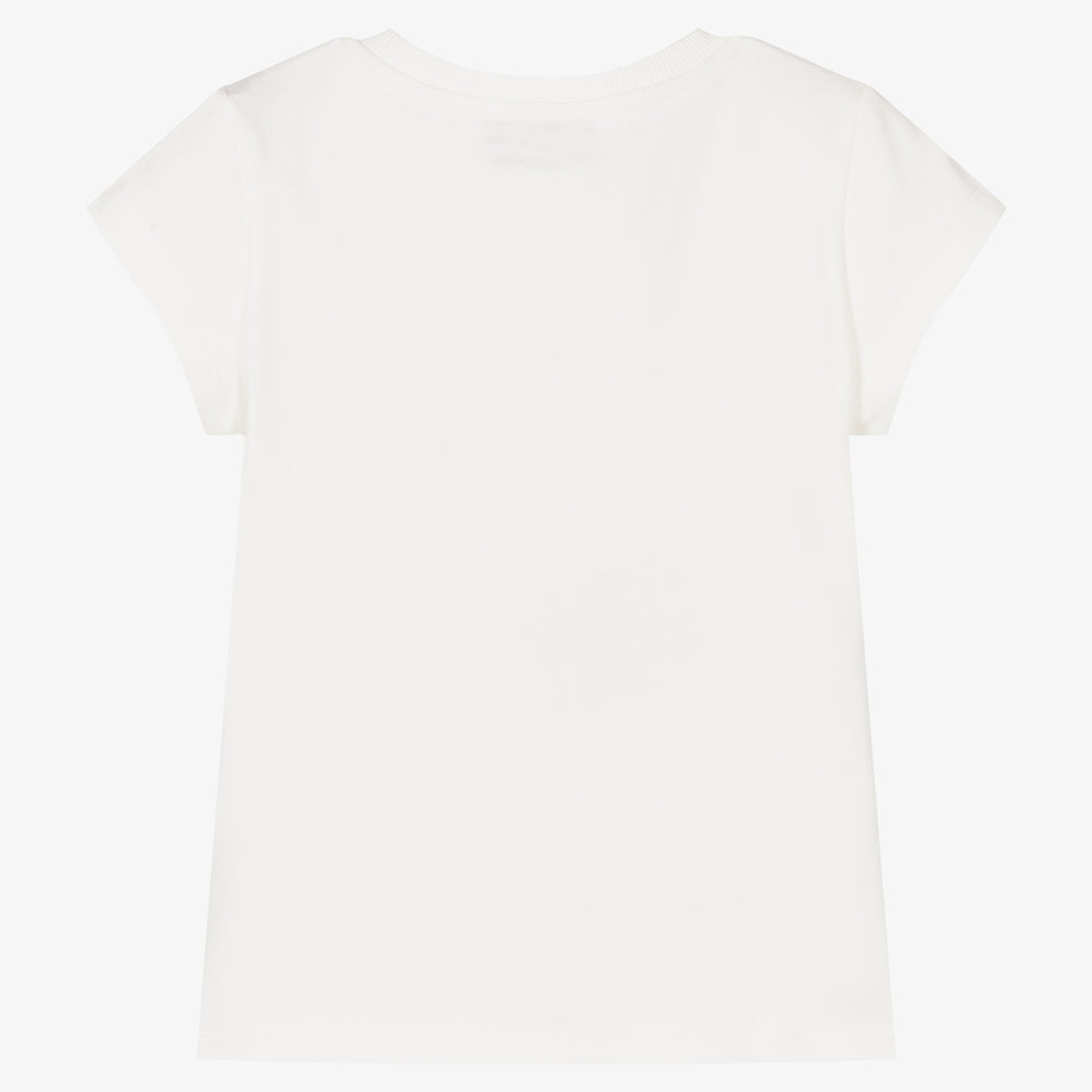 Girls White Printed Cotton T-Shirt