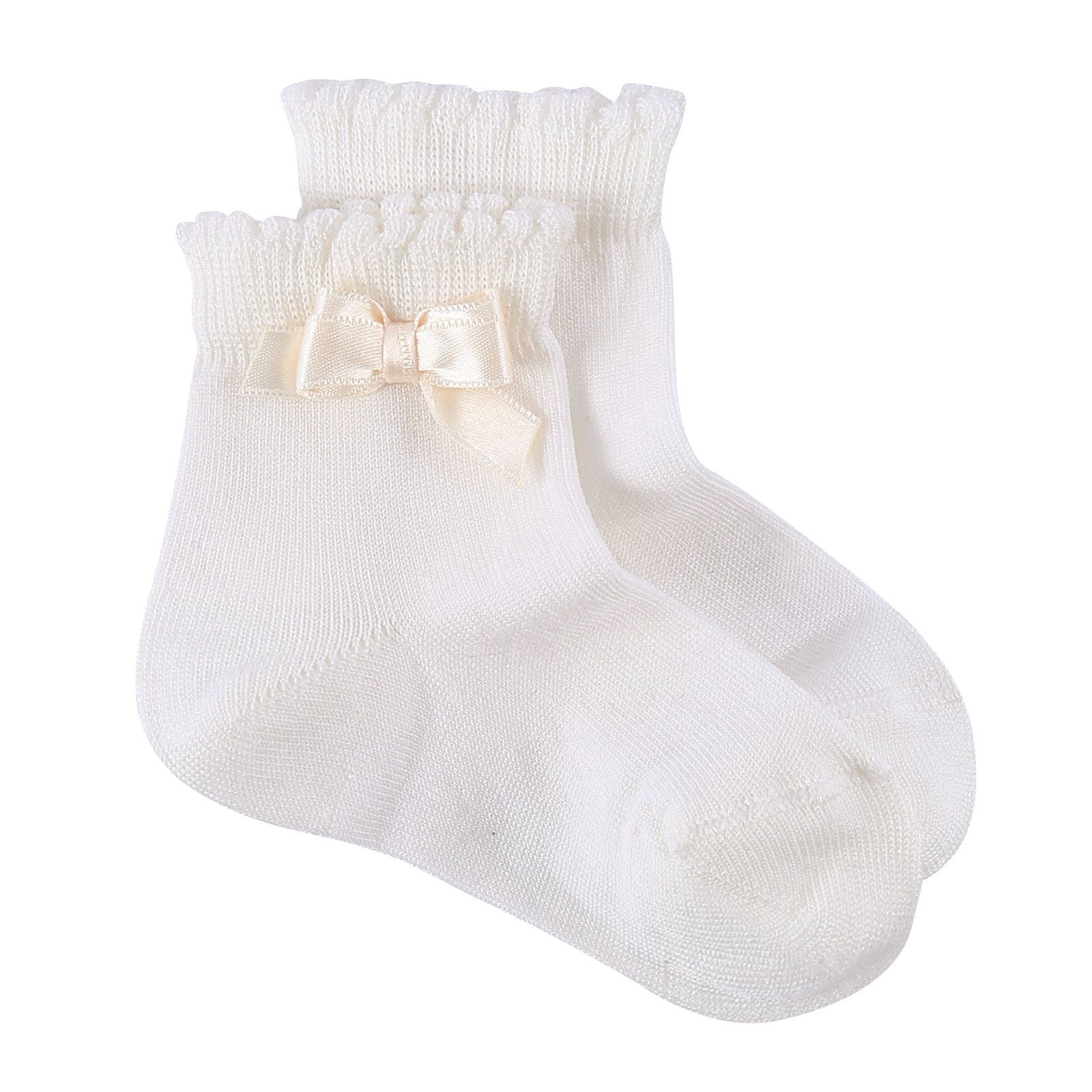 Girls Milk White Cotton Short Socks With Bow Trims - CÉMAROSE | Children's Fashion Store
