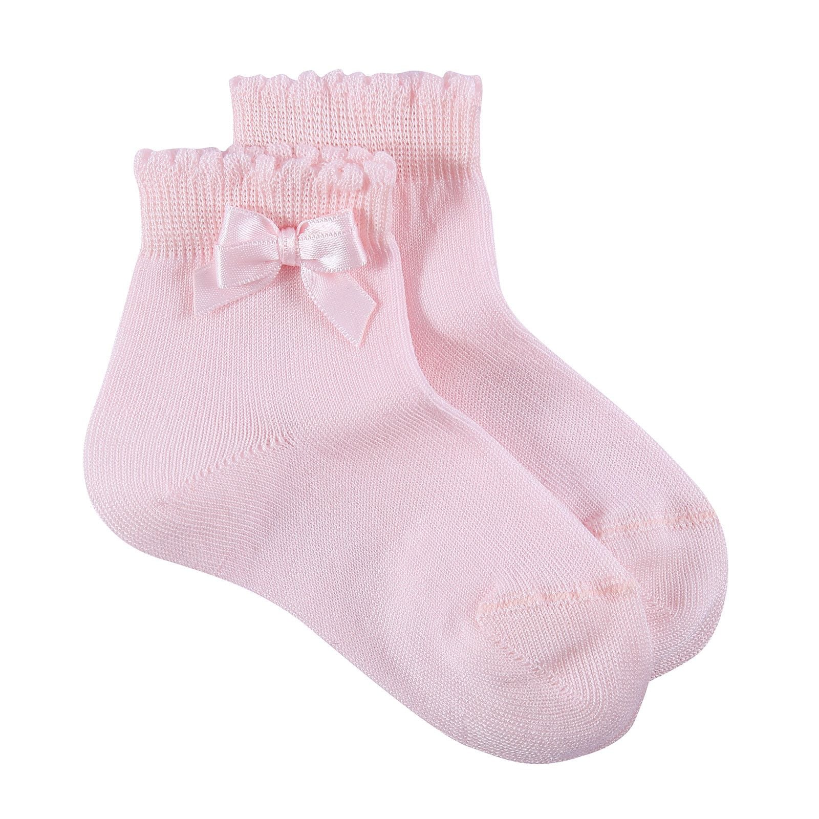 Girls Light Pink Cotton Short Socks With Bow Trims - CÉMAROSE | Children's Fashion Store