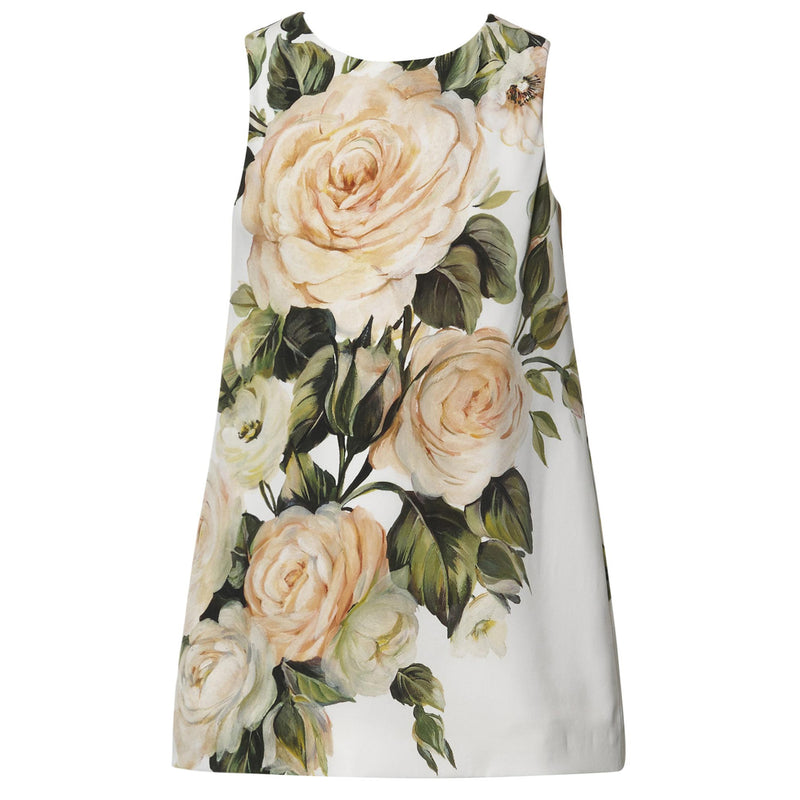 Girls White Silk Dress With Flower Print Trims - CÉMAROSE | Children's Fashion Store - 1