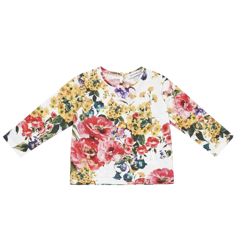 Baby Girls Multicolor Flower Printed Trims Cotton T-Shirt - CÉMAROSE | Children's Fashion Store - 1
