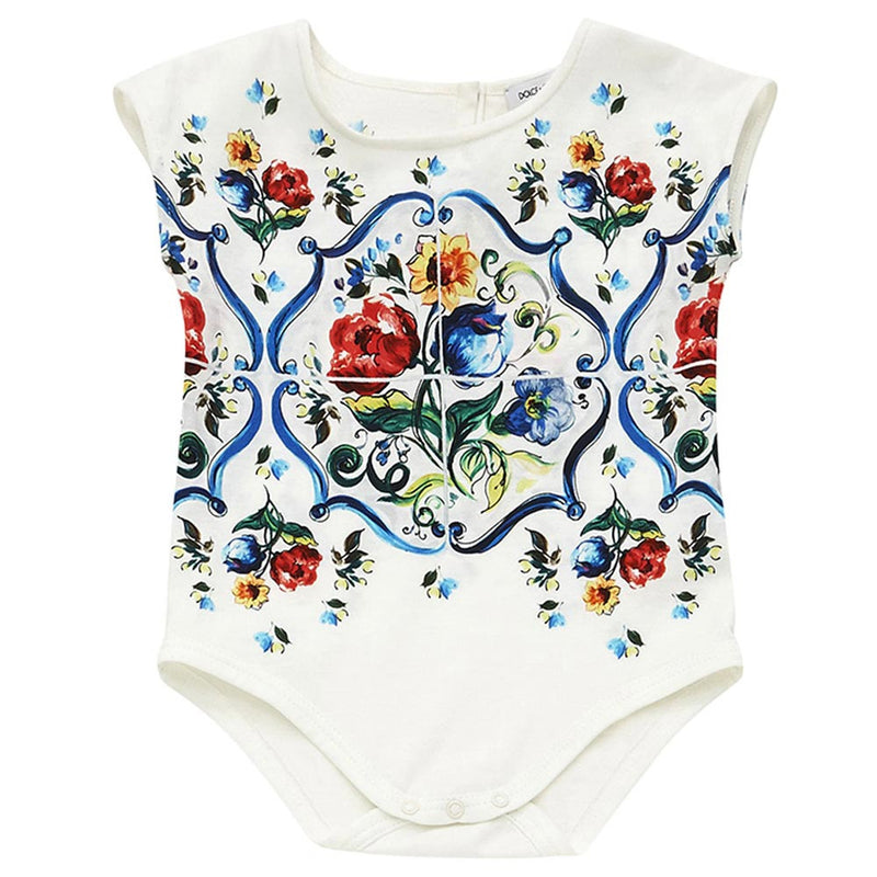 Baby Girls White Mailoica Bouquet Printed Cotton Bodysuit - CÉMAROSE | Children's Fashion Store - 1