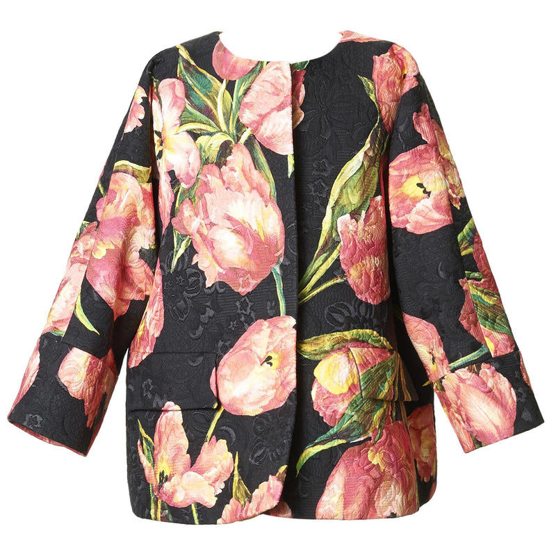 Girls Black Cotton Coat With Pink Tulips Print Trims - CÉMAROSE | Children's Fashion Store - 1