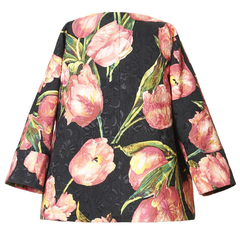 Girls Black Cotton Coat With Pink Tulips Print Trims - CÉMAROSE | Children's Fashion Store - 2