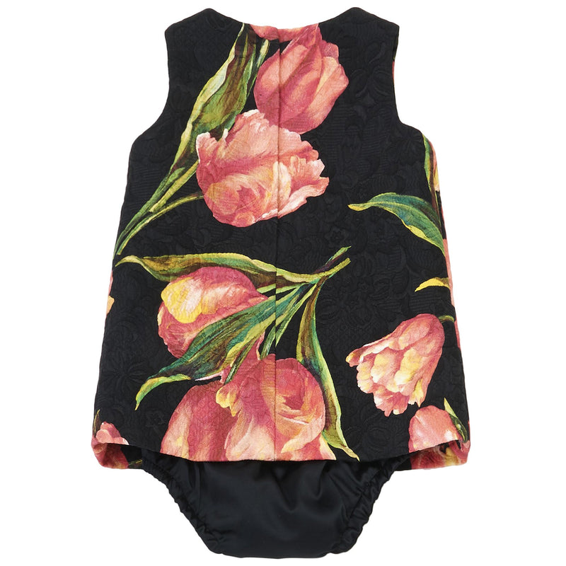 Baby Girls Black Cotton Dress With Pink Tulips Print Trims - CÉMAROSE | Children's Fashion Store - 2