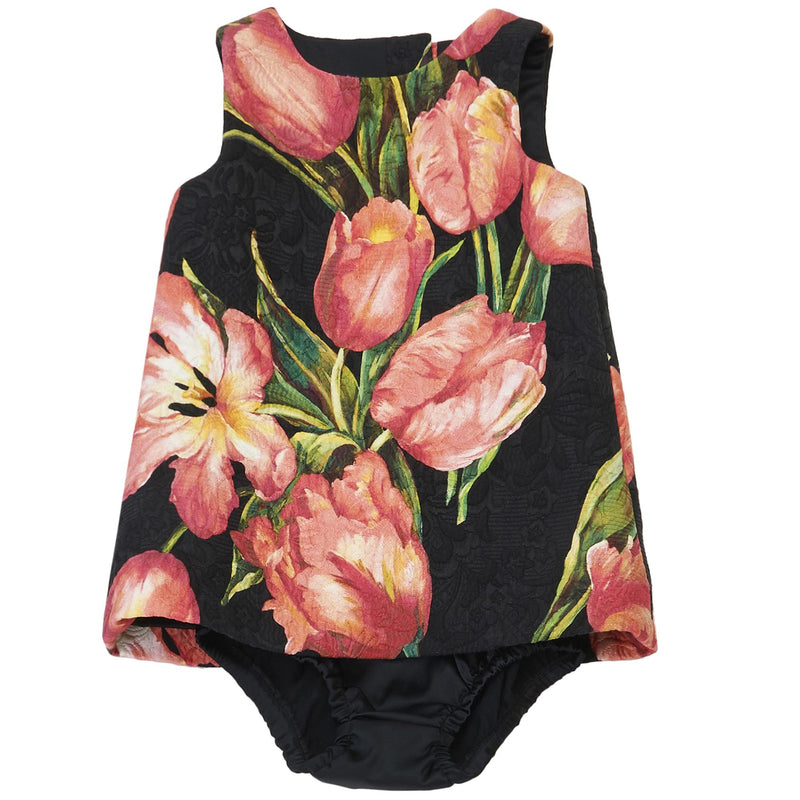 Baby Girls Black Cotton Dress With Pink Tulips Print Trims - CÉMAROSE | Children's Fashion Store - 1