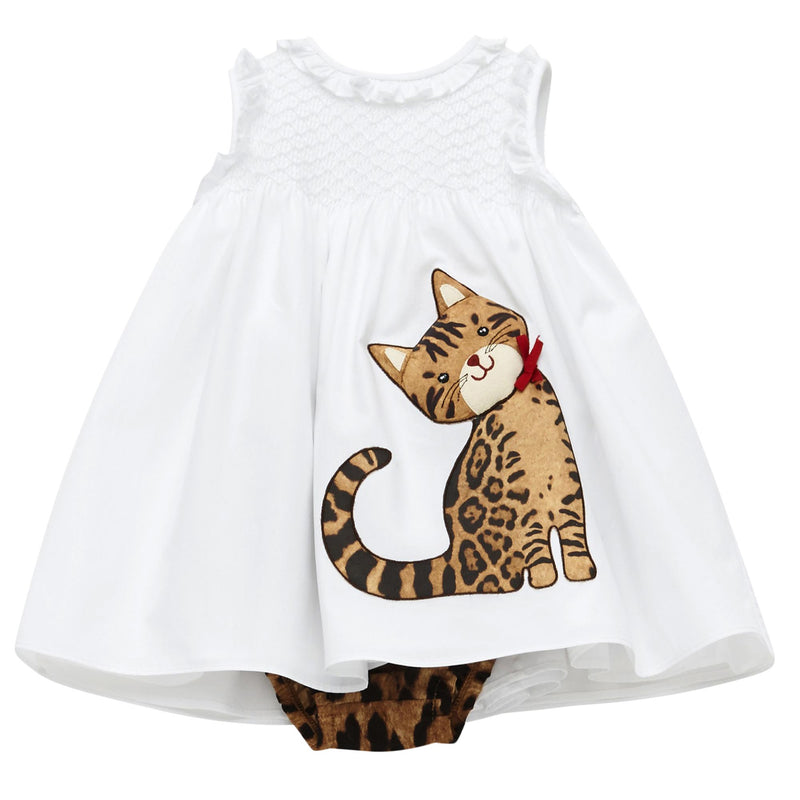 Baby Girls White Cotton Cat Printed Trims Dress - CÉMAROSE | Children's Fashion Store - 1