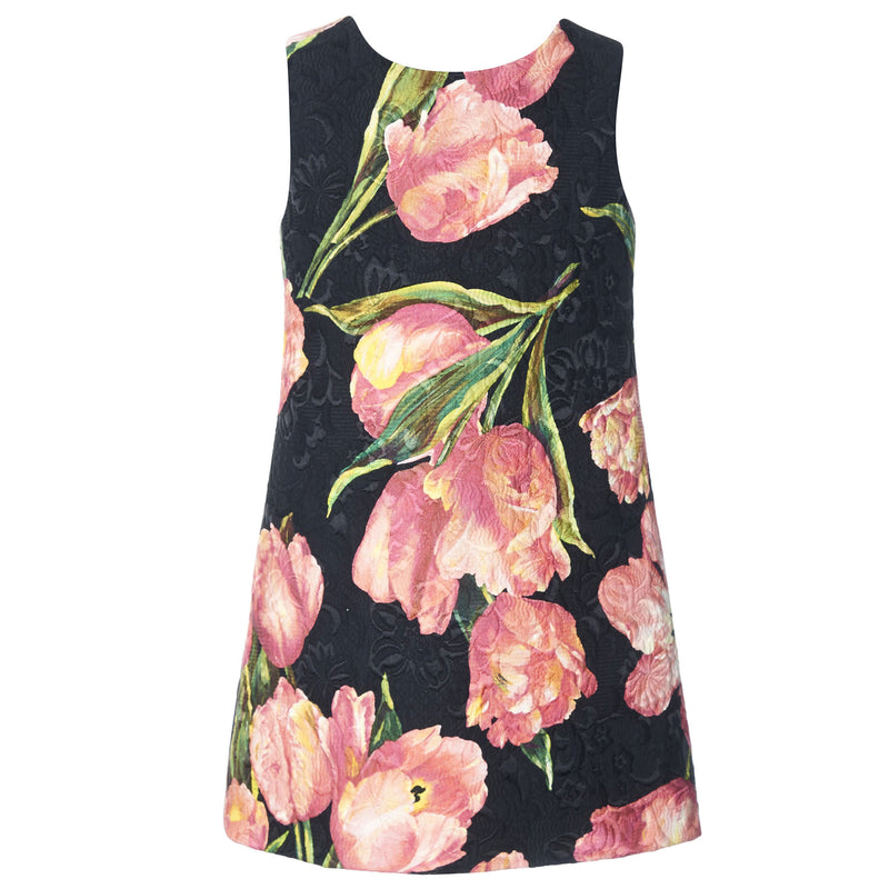 Girls Black Cotton Dress With Pink Tulips Print Trims - CÉMAROSE | Children's Fashion Store - 1