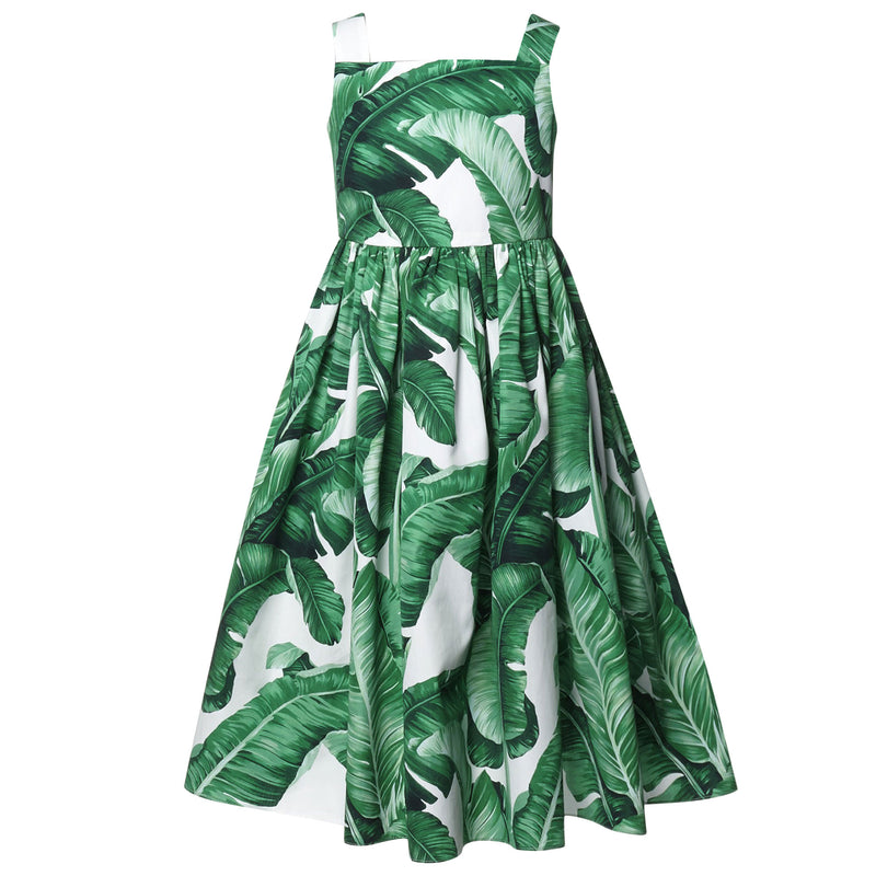 Girls Green Leaf Printed Trims Ruffled Cotton Dress - CÉMAROSE | Children's Fashion Store - 2
