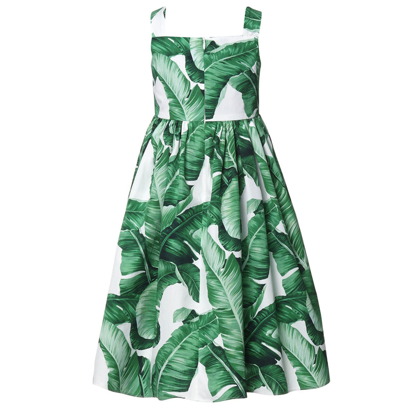Girls Green Leaf Printed Trims Ruffled Cotton Dress - CÉMAROSE | Children's Fashion Store - 3