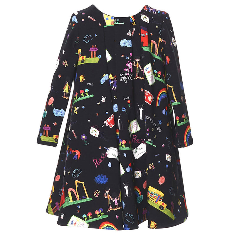 Girls Navy Blue Cotton Dress With Colorful Print Trims - CÉMAROSE | Children's Fashion Store - 1