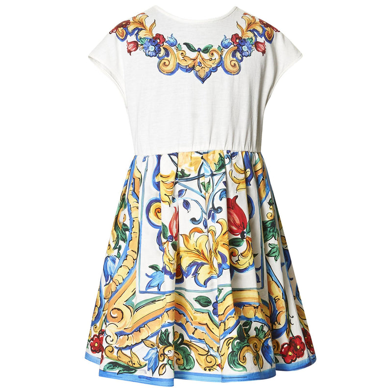 Girls White & Multicolor Printed Trims Cotton Dress - CÉMAROSE | Children's Fashion Store - 1