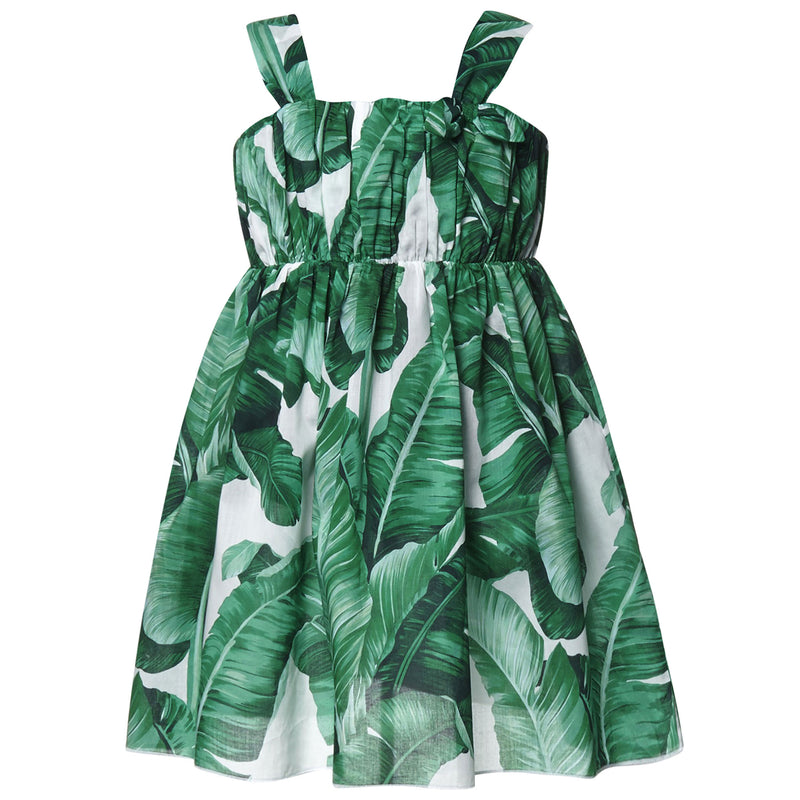 Girls Green Leaf Printed Trims Sleeveless Corset Dress - CÉMAROSE | Children's Fashion Store - 1