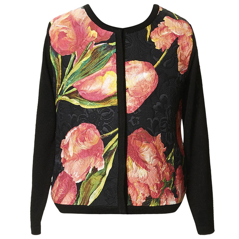 Girls Black Silk Cardigan With Pink Tulip Print - CÉMAROSE | Children's Fashion Store - 1