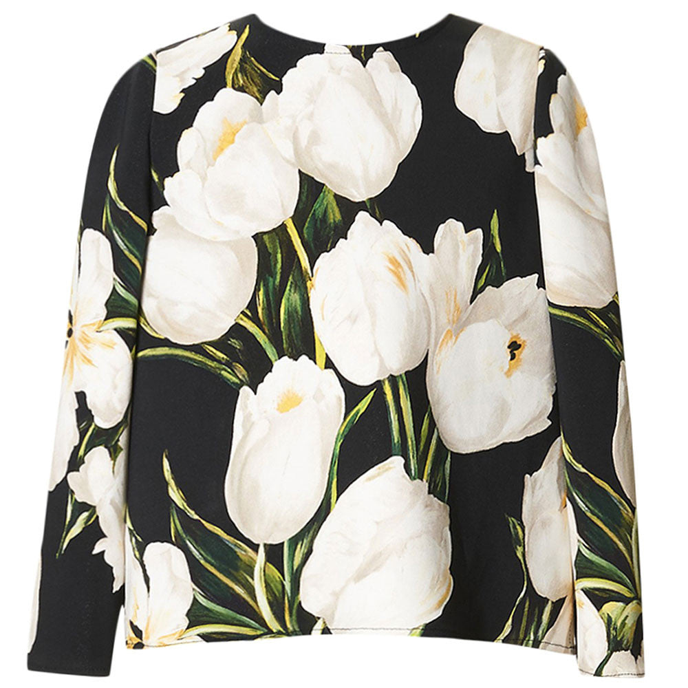 Girls Black Viscose Blouse With Tulip Printe Trims - CÉMAROSE | Children's Fashion Store - 1