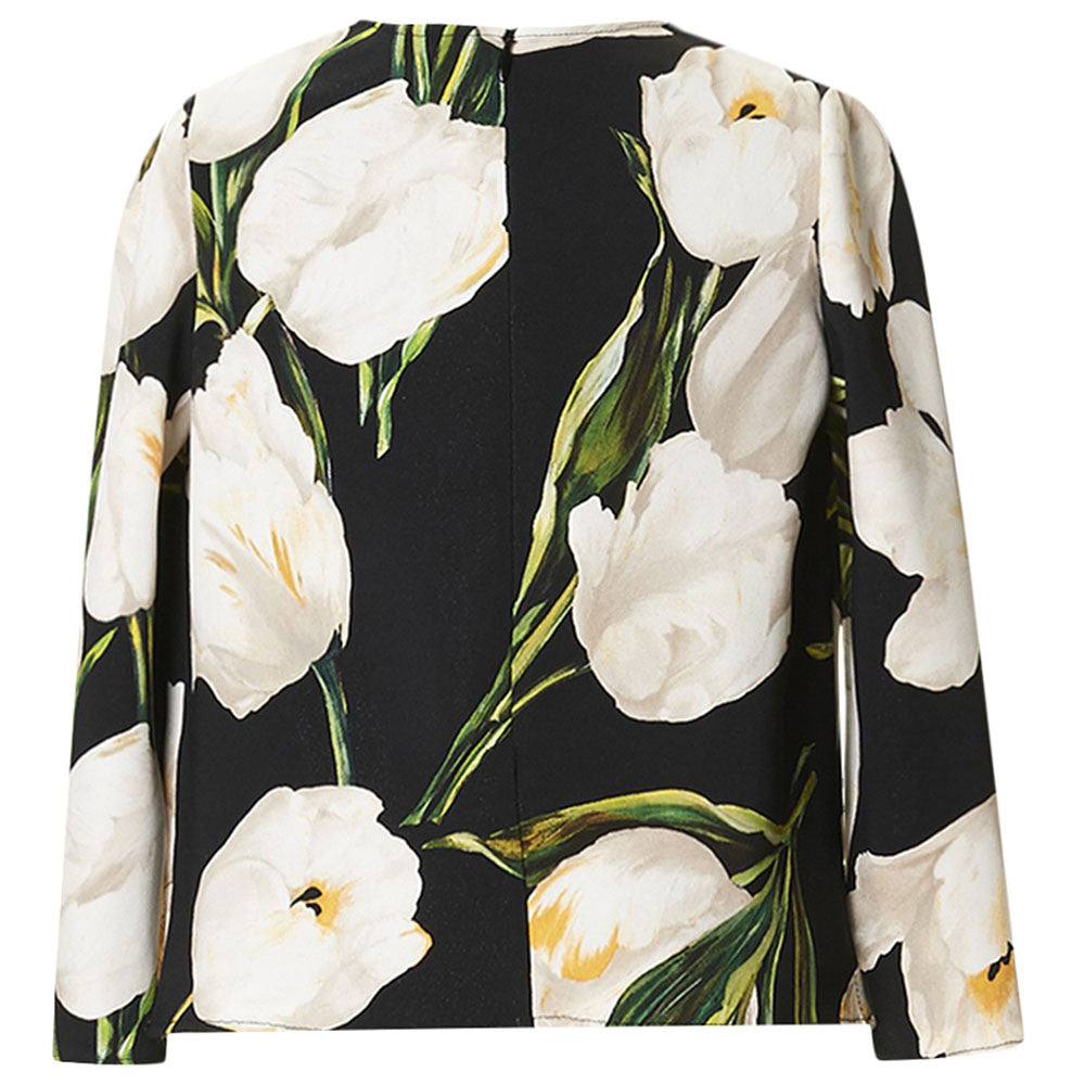 Girls Black Viscose Blouse With Tulip Printe Trims - CÉMAROSE | Children's Fashion Store - 2
