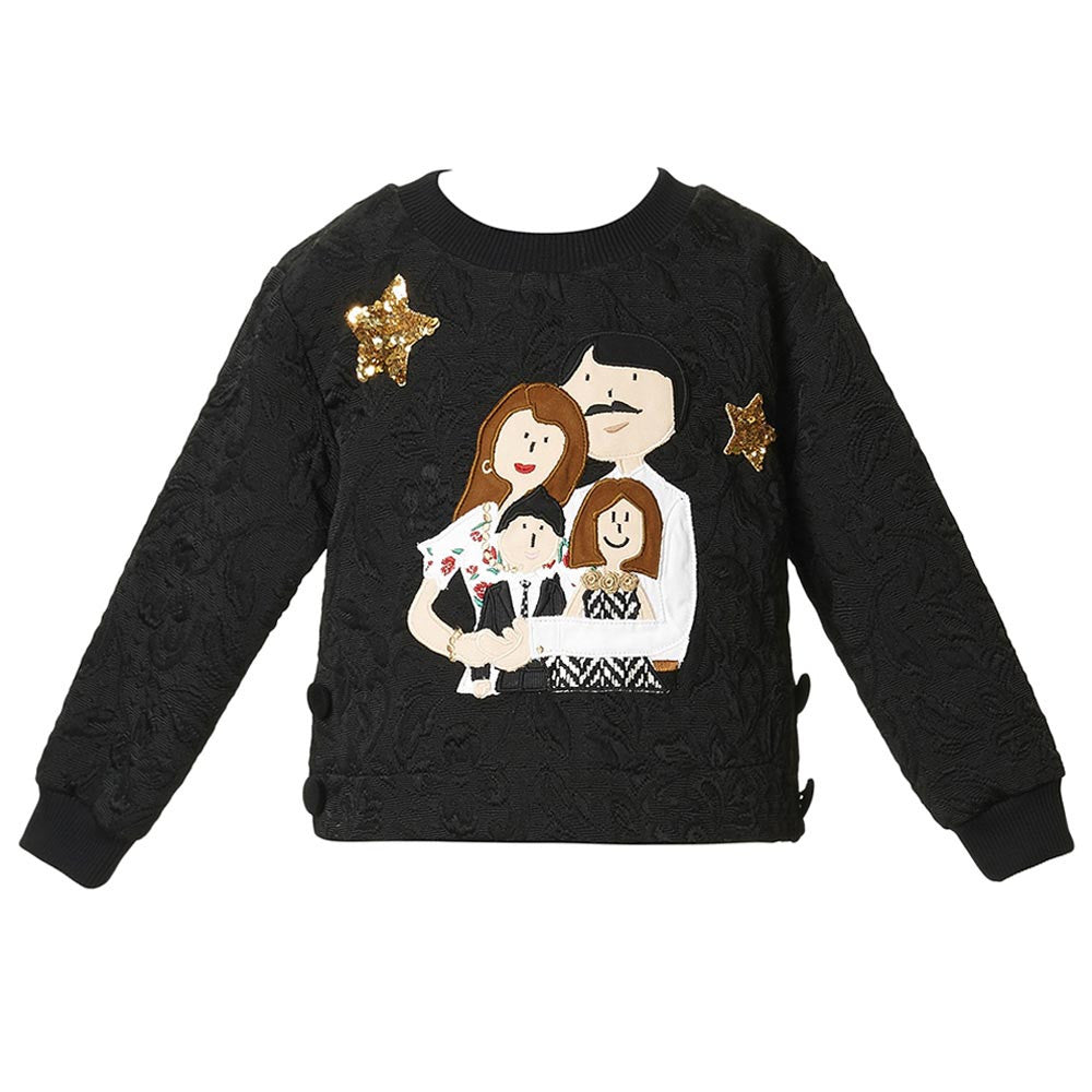 Girls Black Family Printed Trims Sweatshirt - CÉMAROSE | Children's Fashion Store - 1