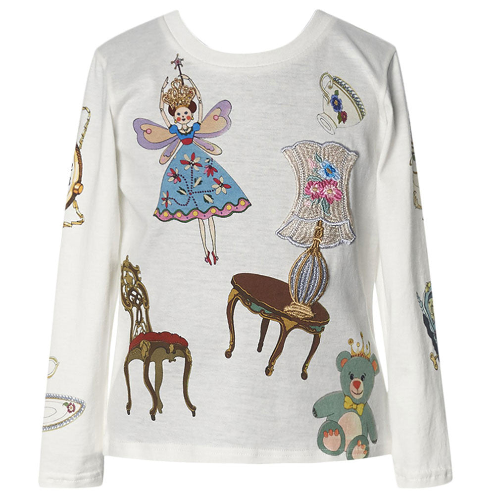 Girls White Fancy Printed Cotton T-Shirt - CÉMAROSE | Children's Fashion Store - 1
