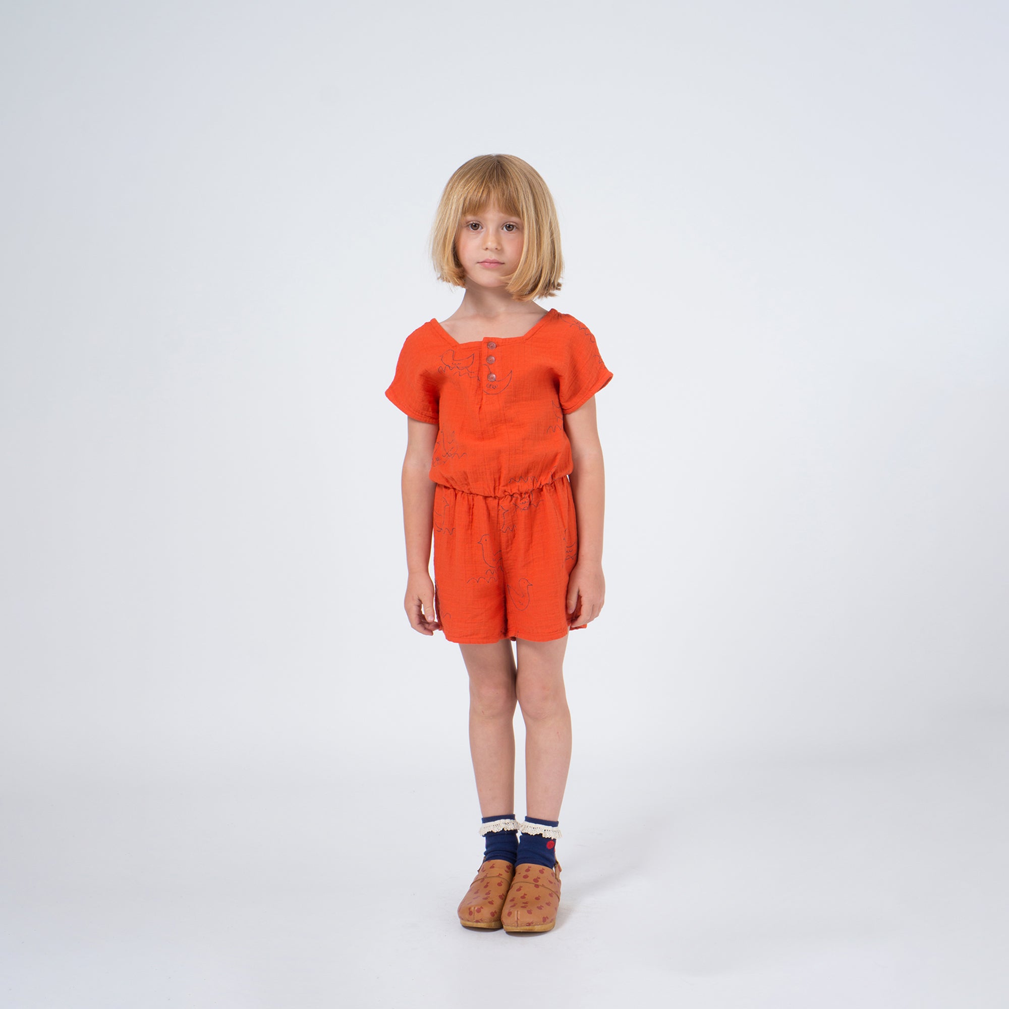 Girls Red Clay Cotton Geese Sleeveless Playsuit