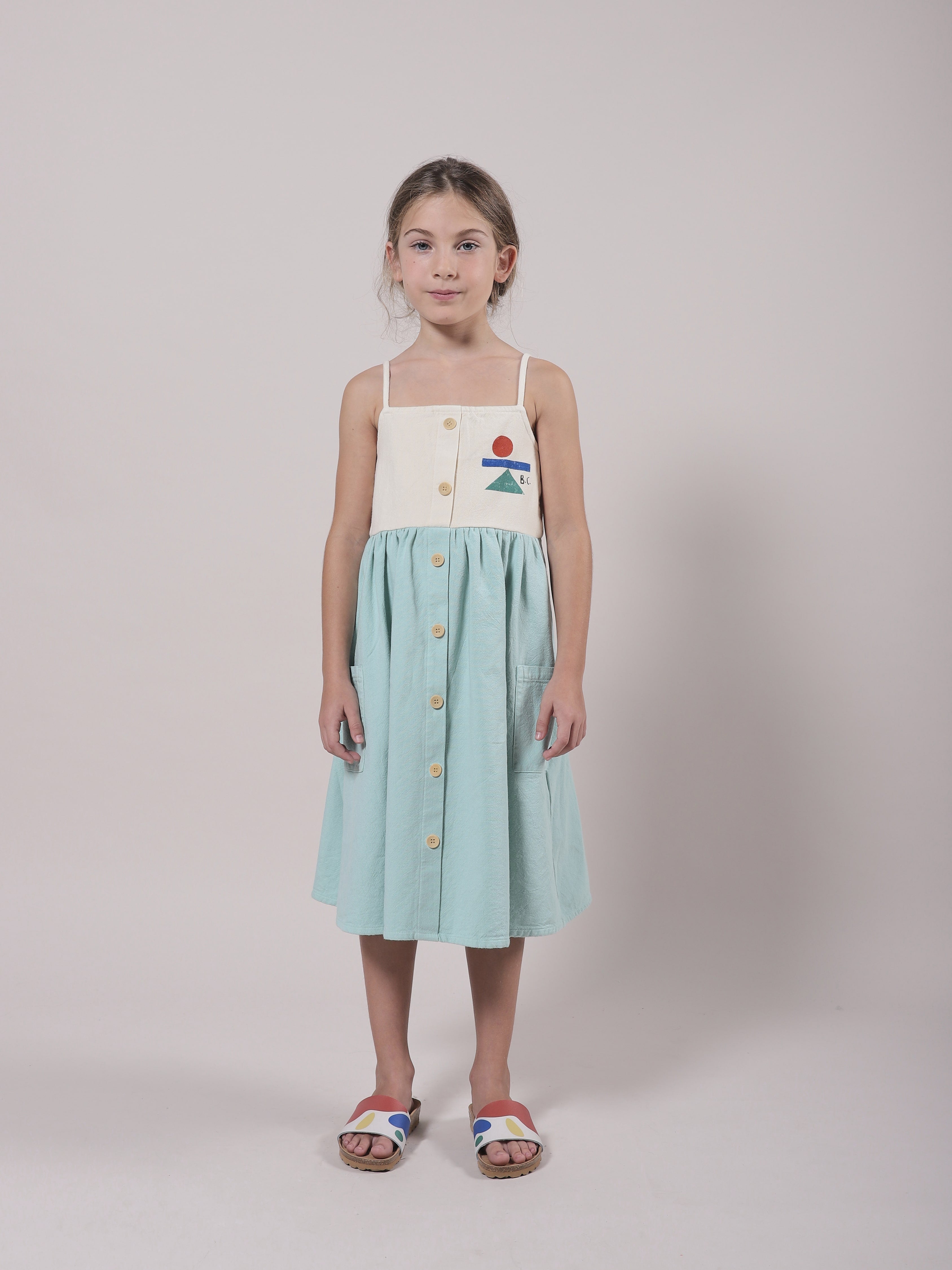 Girls Green Buttons Cotton Dress
