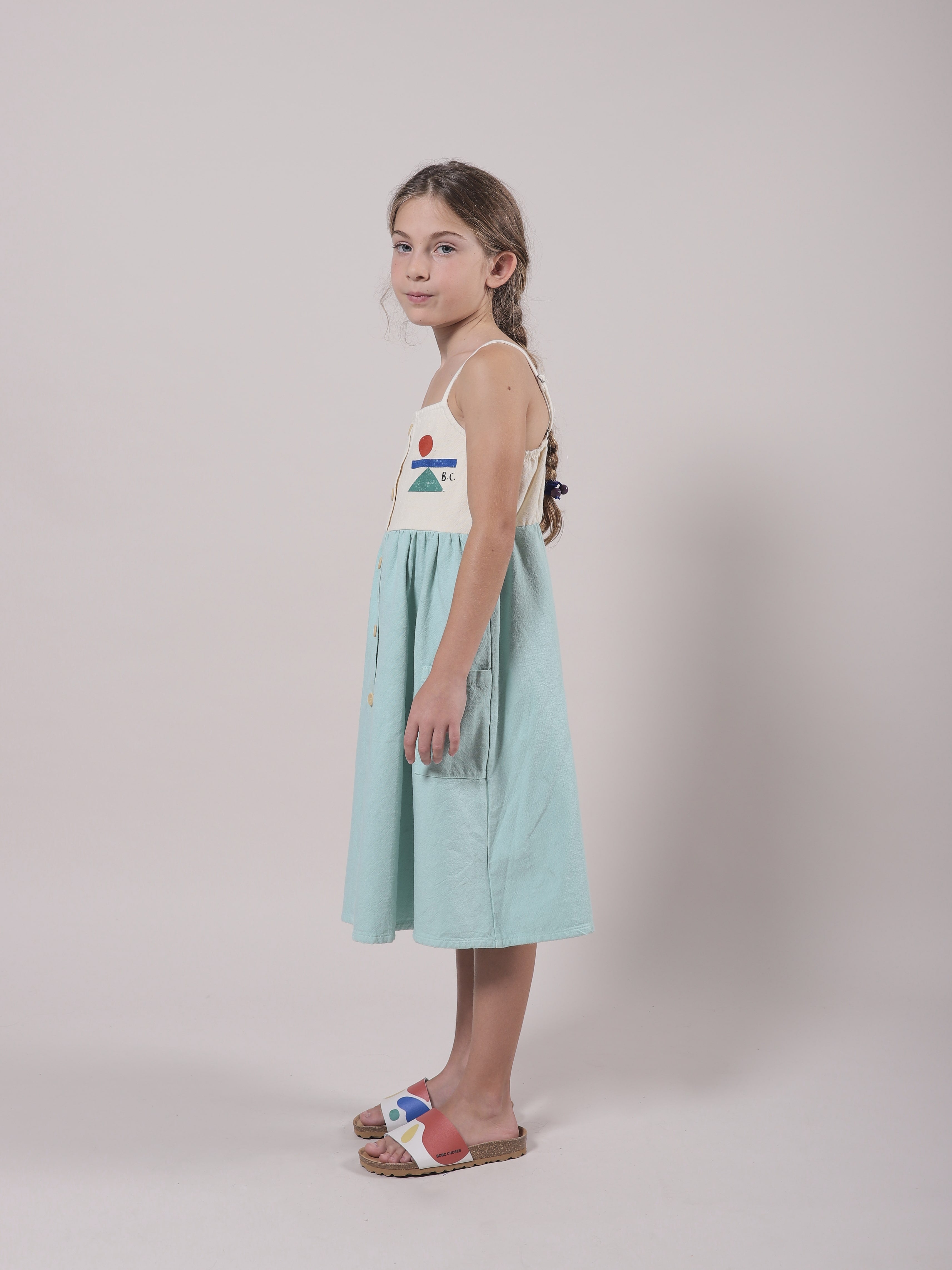 Girls Green Buttons Cotton Dress