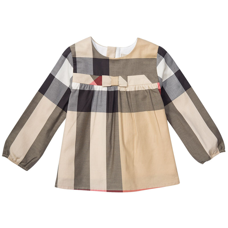Baby Girls Beige Check Cotton Long Sleeve Dress With Bow - CÉMAROSE | Children's Fashion Store - 1