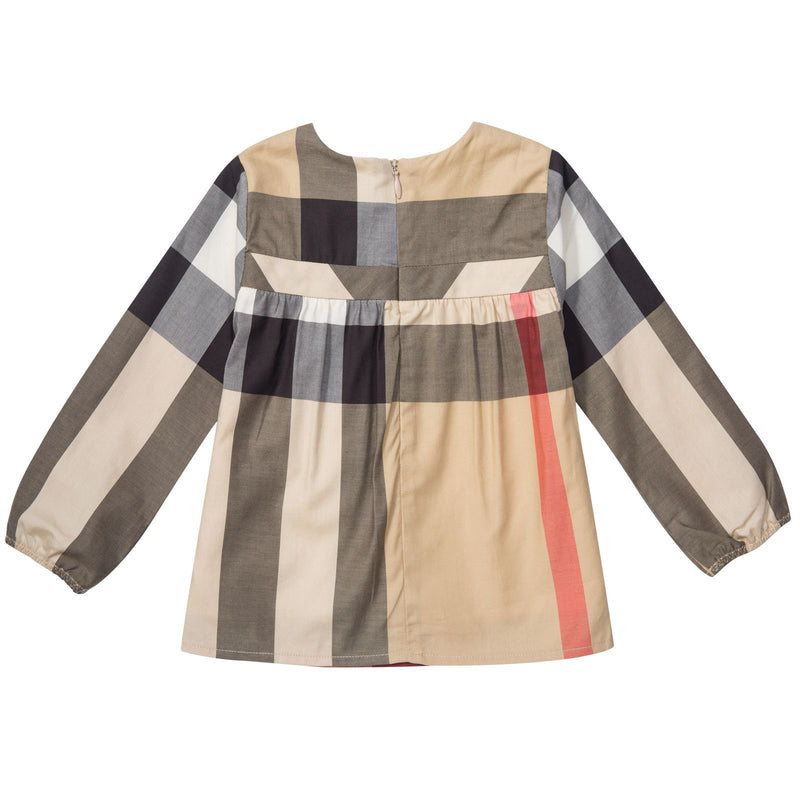Baby Girls Beige Check Cotton Long Sleeve Dress With Bow - CÉMAROSE | Children's Fashion Store - 2