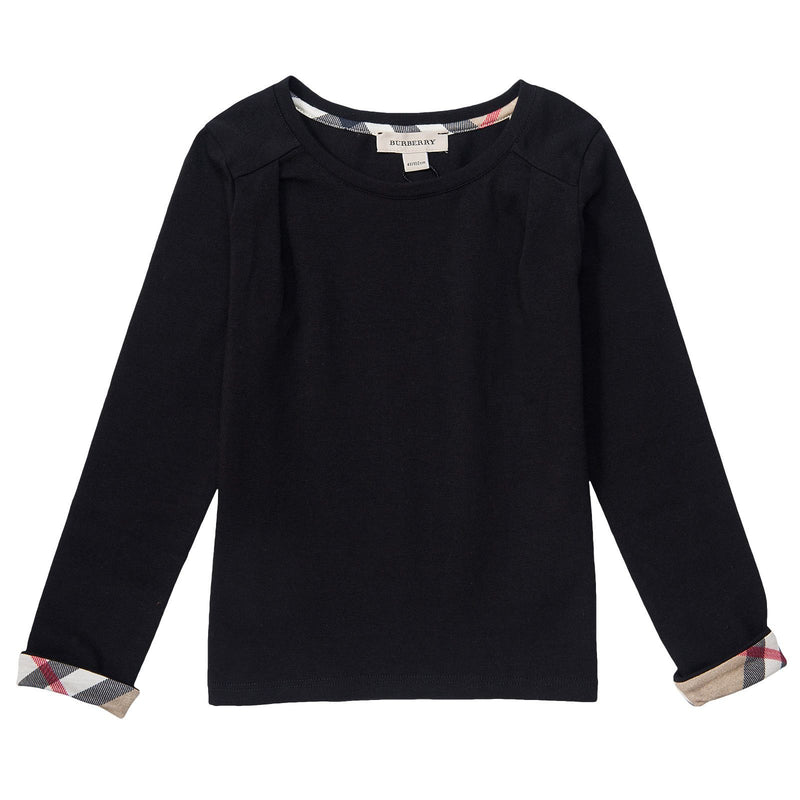 Girls Black Cotton T-Shirts With Check Cuffs - CÉMAROSE | Children's Fashion Store - 1