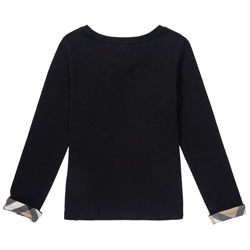 Girls Black Cotton T-Shirts With Check Cuffs - CÉMAROSE | Children's Fashion Store - 2