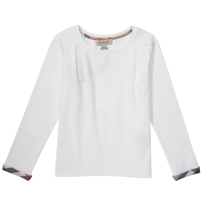 Girls Ivory Cotton T-Shirts With Check Cuffs - CÉMAROSE | Children's Fashion Store - 1