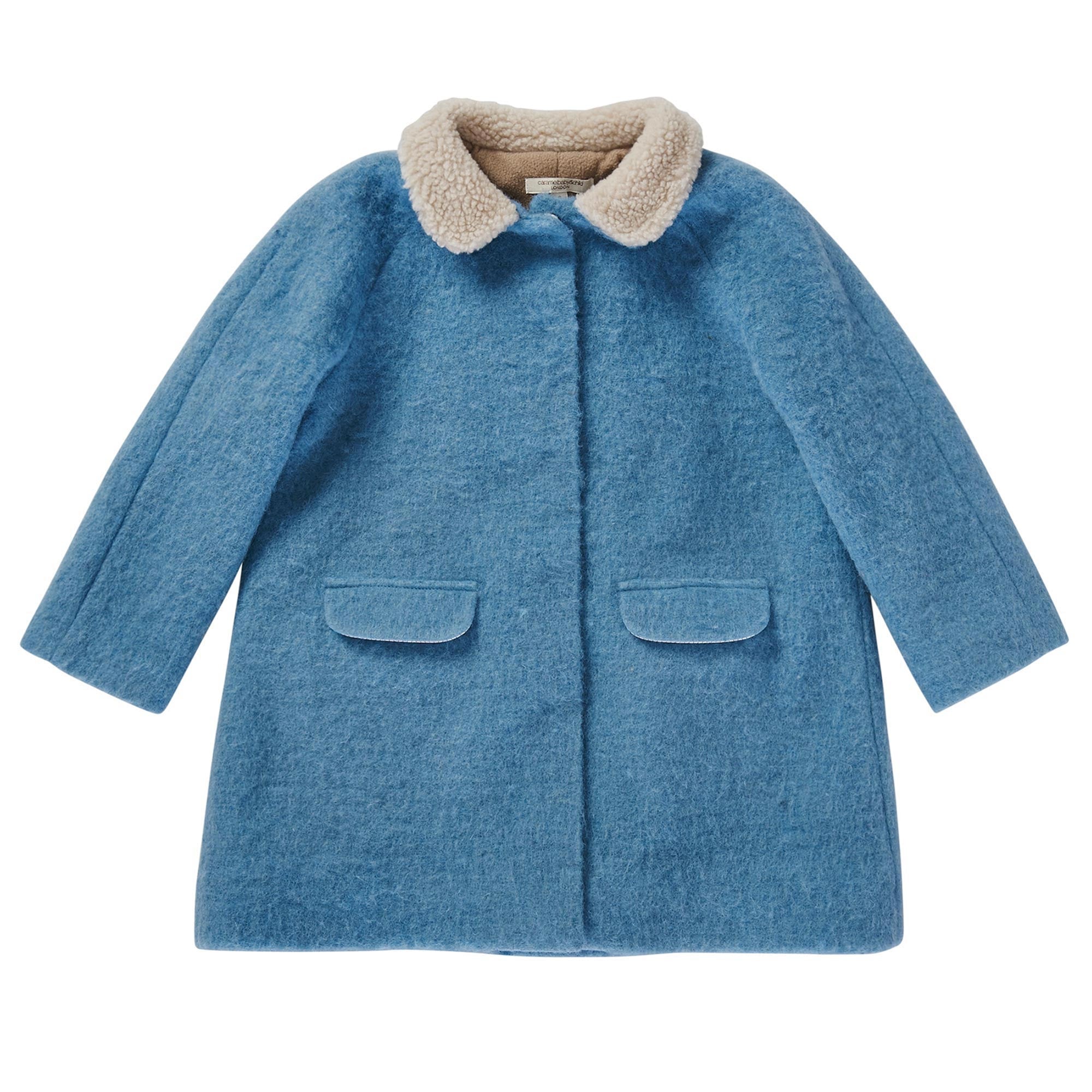 Girls Power Blue Fur Collar Wool Coat With Patch Pocket - CÉMAROSE | Children's Fashion Store - 1