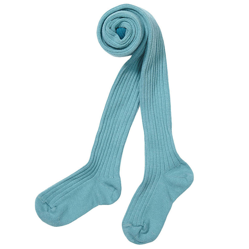 Girls Turquoise Blue Rib Knitted Cotton Tights - CÉMAROSE | Children's Fashion Store - 1