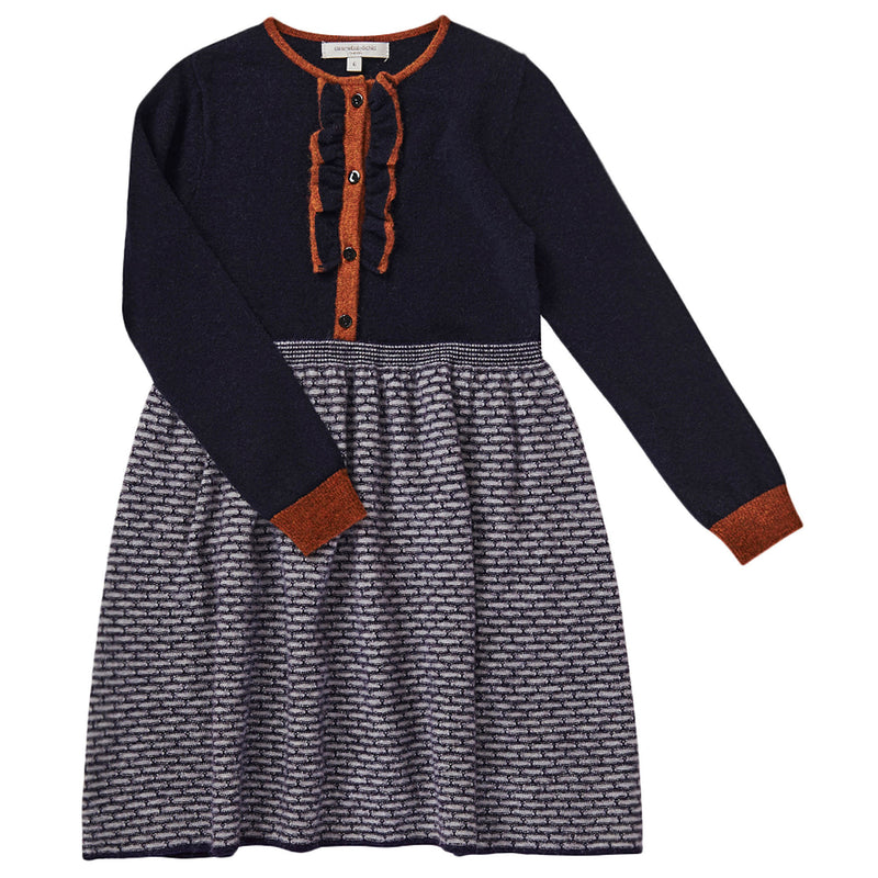 Girls Navy Blue & Grey Knitted Wool Dress - CÉMAROSE | Children's Fashion Store - 1