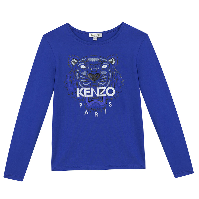 Girls Blue Embroidered Tiger Head Cotton T-Shirt - CÉMAROSE | Children's Fashion Store