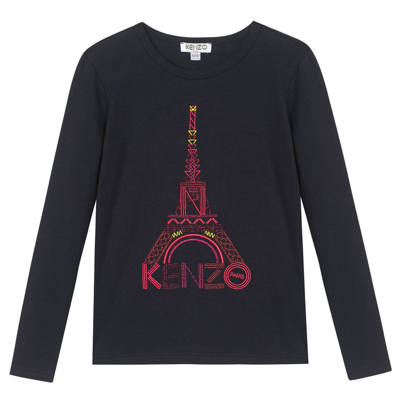 Girls Navy Blue Eiffel Tower Printed Cotton T-Shirt - CÉMAROSE | Children's Fashion Store - 2