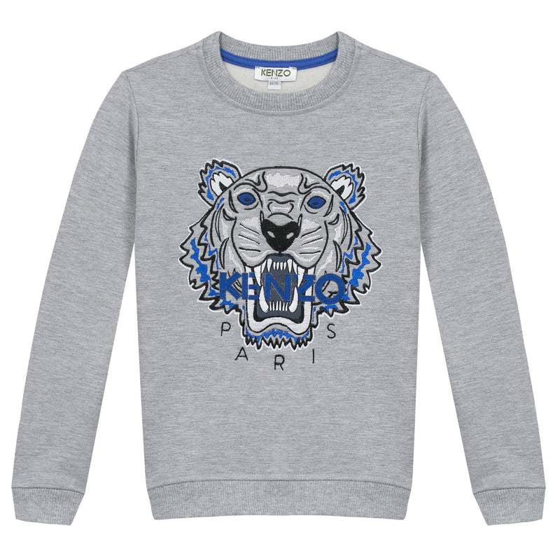 Girls Marl Grey Embroidered Tiger Head Cotton Sweatshirt - CÉMAROSE | Children's Fashion Store