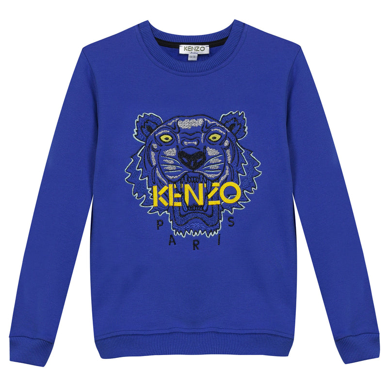 Girls Electric Blue Embroidered Tiger Head Cotton Sweatshirt - CÉMAROSE | Children's Fashion Store