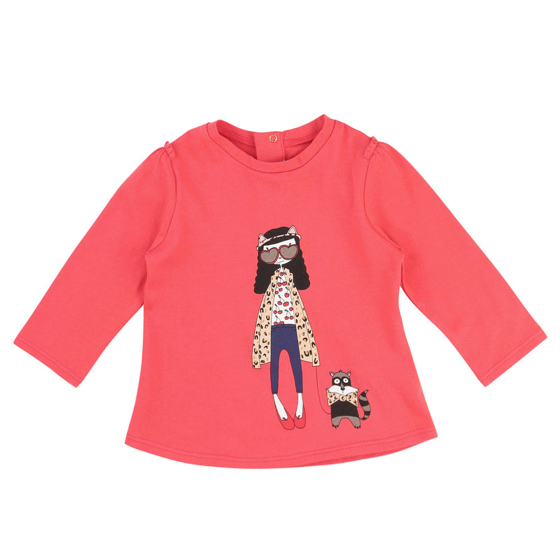 Baby Girls Light Red Fancy Printed Trims Cotton T-Shirt - CÉMAROSE | Children's Fashion Store
