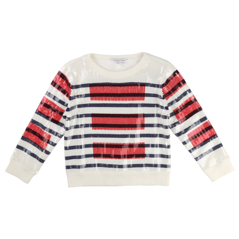 Girls White Cotton Knitted Sweater With Blue Stripe - CÉMAROSE | Children's Fashion Store